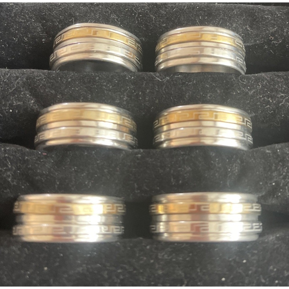 Lot of 6 Two-Tone Gold Silver Tone Band Ring Spinner Stainless Mixed Sizes